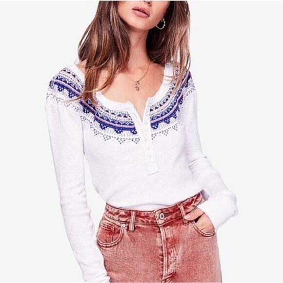 Free People Tops - Free People Fair Elsa Embroidered Henley NWT White MEDIUM Boho Casual Top Shirt